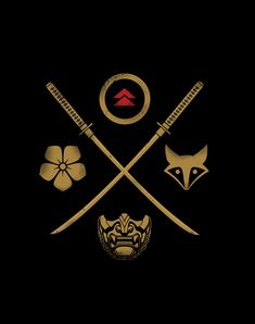 two crossed swords and an animal mask on a black background with gold foiling in the middle