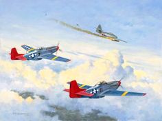 Noble Wingman, by Roy Grinnell (Roscoe Brown's P-51D 'Bunnie' shots down a Me 262, March 24, 1945) Tails Wallpaper, Wwii Plane Art, Mustang Red, Tuskegee Airman, Me 262, Tuskegee Airmen, Air Art, P 51 Mustang, Wwii Airplane