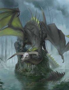 a dragon with large wings sitting on top of a rock in the middle of water