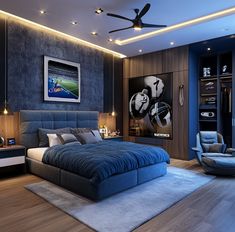 a modern bedroom with blue and gray decor, including a large bed in the center