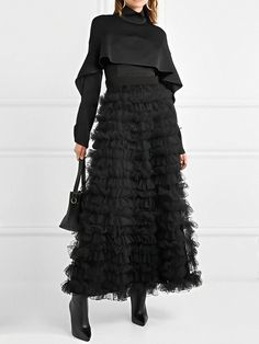 Olivia Mark - Long Sleeve Blouse with Soft Ruffle Details Tulle Skirts Outfit, Chiffon Maxi Skirt, Mode Abaya, Ruffle Sleeve Blouse, Chiffon Ruffle, Chiffon Maxi, Steam Punk, Skirt Outfits, All Black