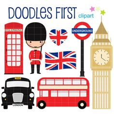 an image of london clipart with the british flag and symbols for children's crafts