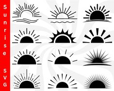 the silhouettes of different sun and clouds are shown in black on a white background