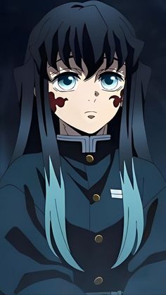 an anime character with blue eyes and blood all over her face is staring at the camera