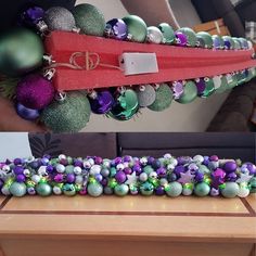 two pictures of christmas ornaments on a table