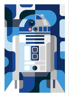 a star wars r2d2 poster with blue and white shapes in the background