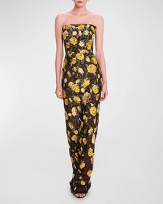 Marchesa Notte Strapless Floral-Embroidered Column Gown | Neiman Marcus Column Gown, Tulle Gown, Vintage Inspired Design, Marchesa, Yellow Black, Floral Embroidery, Floral Dress, Gowns Dresses, Neiman Marcus