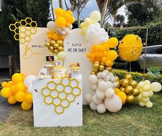 balloons and honeycombs are on display at a baby shower or genderal party