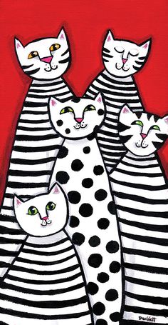 a painting of four cats in black and white striped dress with polka dots on red background