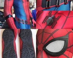 there is a spider man costume and shoes on display in this photo, with the bottom part of his body visible