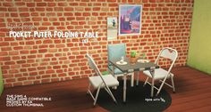 a table and chairs are in front of a brick wall with the words pocket pub folding table