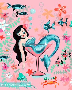 a painting of a woman holding a martini glass in the shape of a heart with fish and sea creatures surrounding it