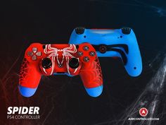 two red and blue video game controllers with spider logo