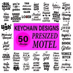 the 50 keychain designs are displayed in different font styles and colors, including pink