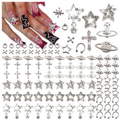 PRICES MAY VARY. ✔️What You Get：You will get 110PCS silver nail charms.Sufficient quantity and rich styles can meet your various needs in DIY nail art or any other handmade projects.BBATT-HAPPY ✔️Rich Styles and High Quality : These nail charms include 11 styles including stars, planets, crosses, punks, etc.The nail charms are made of high quality alloy and rhinestones, silver nail charms grain clarity, not easy to fade. You can apply these sparkling nail charms to decorate your nails.BBATT-HAPPY ✔️Easy to Use ： You just need to cleaning the surface of the nail, applying a primer, then putting charms on the nail, finally applying a layer of primer to prevent it from falling off, you will get a shiny manicure.BBATT-HAPPY ✔️Wide application: The nail charms not only can be used for 3D Nail A Nail Stones, Planet Nails, Silver Nail Art, Star Nail, Nails Silver, Nail Jewels, Manicure Diy, Y2k Nails, Diy Rhinestone