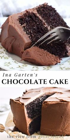 two pictures side by side one has a fork in it and the other has chocolate cake