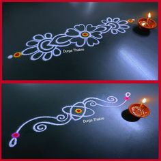 two pictures showing how to make diwali on the ground with candles in it