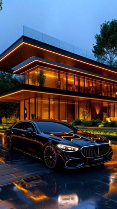 a black car parked in front of a large building with lights on it's side