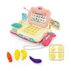 the toy laptop is next to other toys and accessories for play on white background with clipping lines