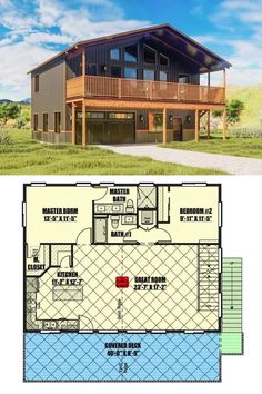 two story house plans with an open floor plan, and a second story garage on the other