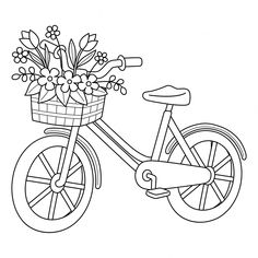 a bicycle with flowers in the basket on it's front wheel, coloring page