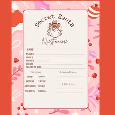 the secret santa certificate is shown in red and pink flowers, with hearts around it