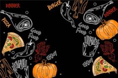 a chalkboard drawing of different types of pizzas and pumpkins on a black background