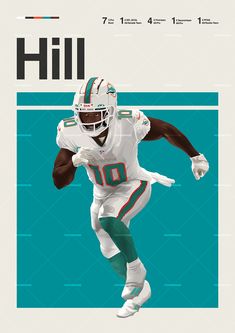 Tyreek Hill poster featuring a mid century modern design style. The high-quality print showcases a beautiful digital drawing of Tyreek Hill. Perfect for any Miami Dolphins fan looking to add some flair to their living space. Tyreek Hill, Sport Poster, Miami Dolphins, Sports Cards, One Team