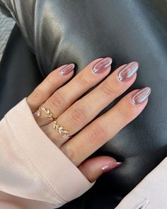 French Tip Nails With Shimmer, Mauve Glazed Nails, Terracotta Chrome Nails, Fall Iridescent Nails, Chrome Nail Ideas Fall, Chrome Over Cat Eye Nails, Shay Mitchell Nails, November Nails Chrome, Mauve Nails With Chrome