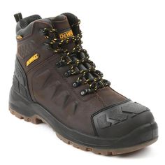 The DEWALT Jackson is a durable, rugged full grain leather boot made for just about any job. The boot is completely waterproof using a full booty membrane construction and has a 3/4 tongue gusset to keep out water and debris. DEWALT includes its Dri-Lex DL aerospace mesh lining for comfort and breathability, and a soft padded collar and tongue for a secure fit. The Jackson has a steel toe for protection and a TPU shank for additional stability. The boot has an oil and slip resistant TPU outsole and a dual density EVA midsole for stability and cushioning. The aggressive tread pattern is suitable for either indoor or outdoor use. DEWALT added a textured rubber toe and heel guard for extended durability and abrasion resistance. A full length, removable PU insole with extra-heel cushioning and Rugged Abrasion-resistant Work Boots For Construction, Brown Lace-up Waterproof Safety Boots, Brown Safety-rated Work Boots, Rugged Brown Abrasion-resistant Work Boots, Brown Abrasion-resistant Outdoor Work Boots, Safety Boots, Leather Boot, Waterproof Boots, Rain Wear