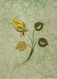 a painting of yellow flowers and leaves on a green wallpapered background with paisley designs