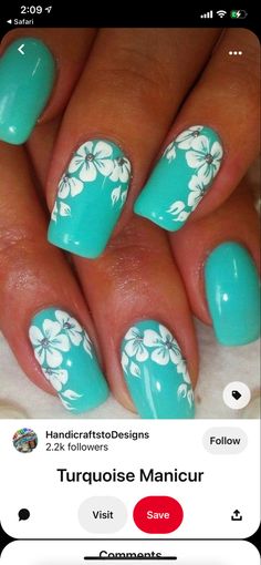 Turquoise Manicure, Turquoise Nail Art, Hawaiian Flower Nails, Turquoise Nail Designs, Hawaiian Nails, Cruise Nails, Beach Nail Designs, Aqua Nails, Teal Nails