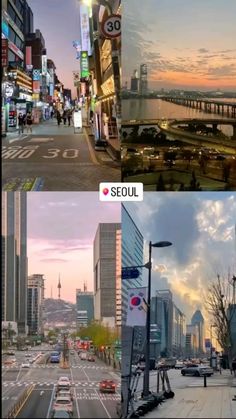 there are many different pictures in this collage that show the city and its streets