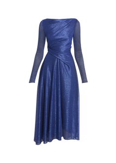 "Find TALBOT RUNHOF High-low Metallic Voile Midi Dress on Editorialist. Talbot Runhof shimmering metallic voile dress Approx. 49\"L from shoulder to hem Boat neckline Long sleeves Fit and flare silhouette Midi length Highlow hem Zip closure Polyester/metallic fibers Cupro/elastane lining Dry clean Made in Germany" Elegant Blue Shimmer Dress, High Low Cocktail Dress, Talbot Runhof, Voile Dress, Ruched Midi Dress, Midi Cocktail Dress, Red Midi Dress, Green Midi Dress, Pink Midi Dress