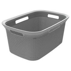 a grey laundry basket on a white background