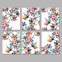 six colorful flower paintings on white paper with polka dot dots in the center and four different colors