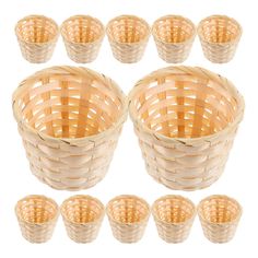 six wicker baskets with lids are lined up in rows on a white background, one is empty