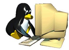 a cartoon penguin sitting in front of a computer