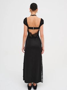 Casey Maxi Dress — Black | For Love & Lemons Perfect Wedding Guest Dress, Maxi Dress Black, Perfect Pink, Black Cocktail, For Love & Lemons, Satin Skirt, The Perfect Wedding, Scalloped Lace, Black Cocktail Dress