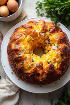 an omelet cake on a white plate next to some eggs and parsley