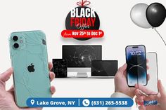 two hands holding up cell phones with black friday sale on the screen and balloons in the background