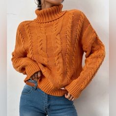 Shein Orange Turtleneck New, I Never Wore It Or Washed It, I Put In On Just For The Pictures To Sell Size S Orange Turtleneck, Sweater Knit Skirt, Green Turtleneck Sweater, Shein Sweater, Black Long Sleeve Sweater, Cutout Sweater, Book Clothes, Turtle Neck Sweater, Orange Sweaters