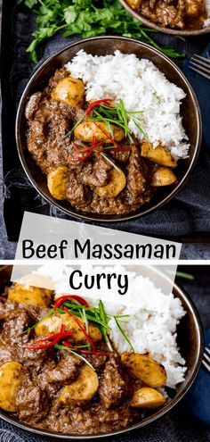 beef massaman curry in a bowl with rice and garnish