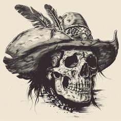 a drawing of a skull wearing a hat with feathers on it's head and an eye patch