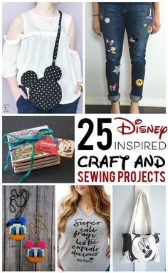 the 25 disney inspired crafts and sewing projects are featured in this postcard collage