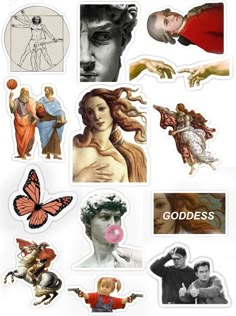 stickers depicting the creation of god and his people, including an image of a woman with