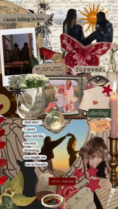 a collage with pictures and words on it, including two people in the background