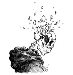 a black and white drawing of a skull on top of a rock with its head in the air