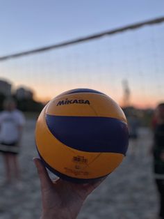 a person holding up a beach volleyball ball