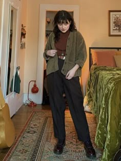 What To Wear In 30s For Women, Wide Leg Pants Outfit Green, Plus Size Date Outfit Winter, Wfh Style Women, Oversized Dress Pants Outfits, Earthy Colour Outfits, Plus Size Outfits Dark Academia, Library Work Outfit, Plus Size Alt Work Outfits